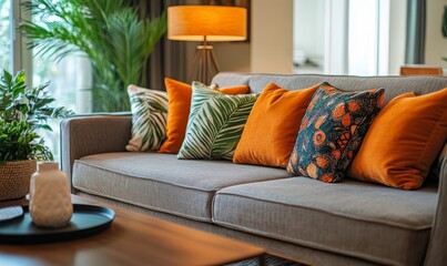 Fototapeta premium Modern living room design, featuring a couch and coffee table, combining comfort and contemporary style for a relaxed yet stylish home, Generative AI