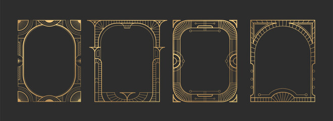 Art deco gatsby frame set - golden geometric borders with elegant line patterns, vintage ornamental rectangles of 1920s style decorative elements for luxury invitations, certificates or retro design