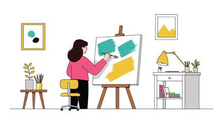A person paints, using yellows and blues, in an artist's studio with furniture