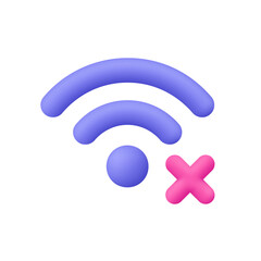 Purple Wi-Fi signal with pink with cross, reject or cancel symbol. No internet connection, network error and offline status concept. 3d vector icon. Cartoon minimal style.
