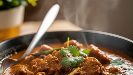 Steaming bowl of delicious butter chicken curry suitable for food blogs, menus, restaurant promotions, recipe sharing, and indian cuisine themes.