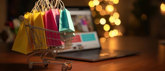The colorful shopping bags in a cart with a laptop glowing in the background.