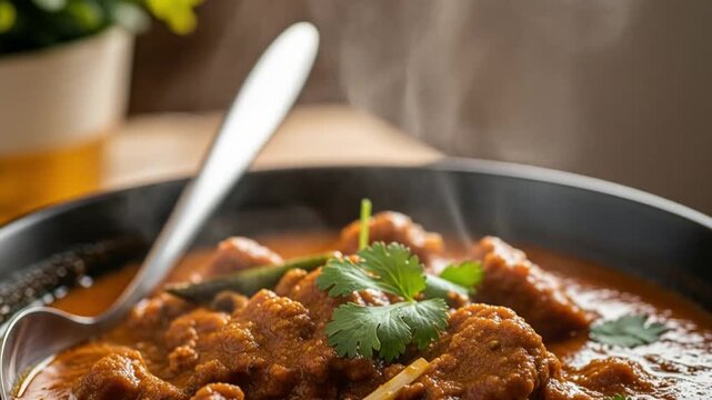 Steaming bowl of delicious butter chicken curry suitable for food blogs, menus, restaurant promotions, recipe sharing, and indian cuisine themes.