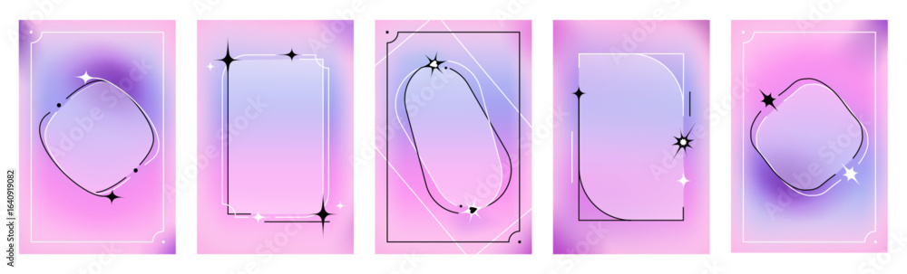 Poster y2k style border frame set with gradient bg and star decorations. abstract geometric shapes with ret