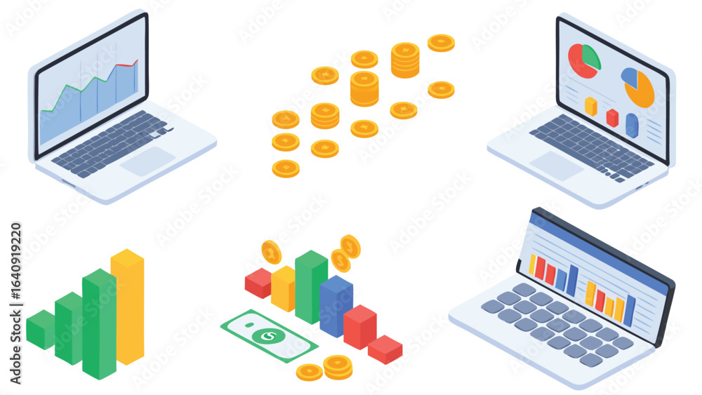 Poster isometric view of laptops displaying charts with coins and bar graphs representing financial data