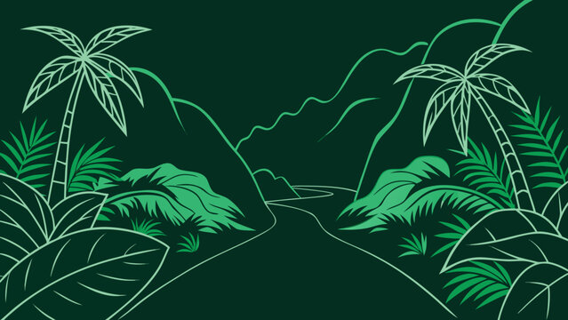 Tropical jungle trail in Phong Nha-Ke Bang National Park with palm leaves and limestone cliffs