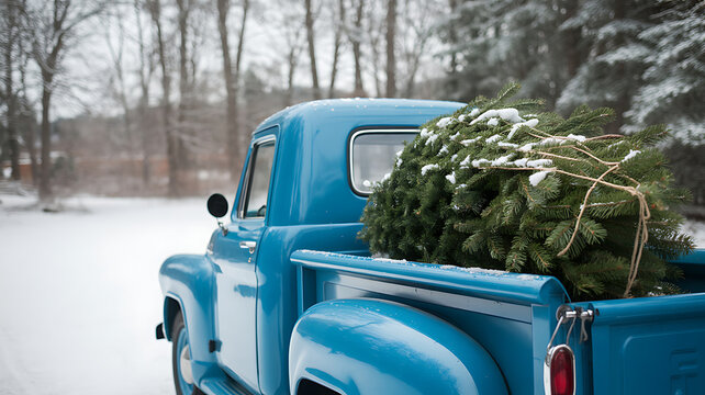 Vintage blue truck hauling freshly cut christmas tree in snow