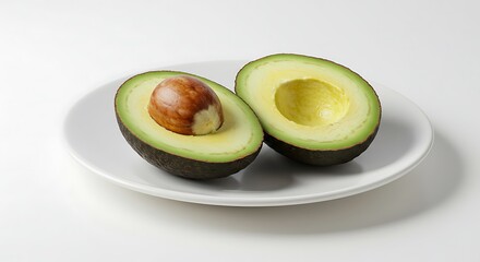 Sliced Avocado Half with Seed on White Plate and Bright Natural Lighting in Minimalist Studio Setup