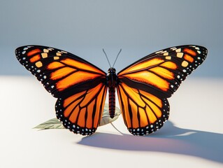 Obraz premium Vivid monarch butterfly with orange and black wings rests on a leaf