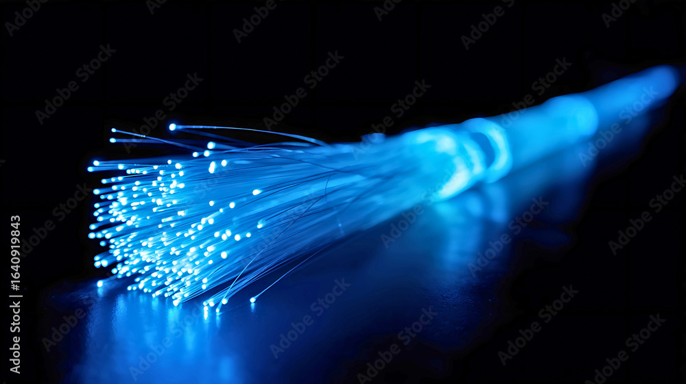 Poster luminous blue strands of fiber optics representing the high-speed flow of digital data and network c