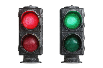 Two vintage-style traffic lights, one red and one green, against a black background