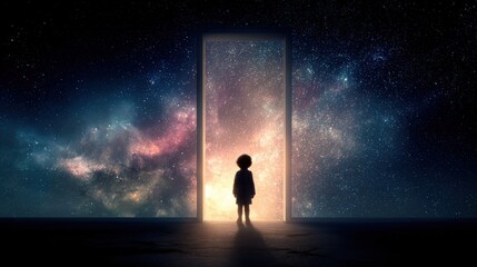 Fototapeta premium Child Staring at Galaxy Portal: Imagination, Wonder, and Cosmic Journey Conceptual Art