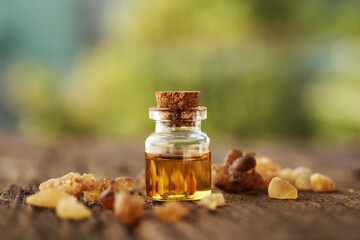 Frankincense essential oil in a glass bottle