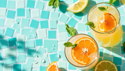 Refreshing citrus cocktails with mint and lemon on mosaic table  