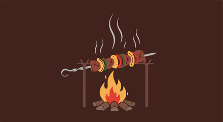 Skewer over fire Veggies and meat cook above an open flame on a skewer setup