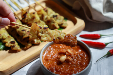 Pork satay grilled skewer with peanut sauce. Asian food.