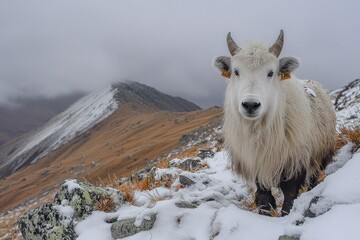 Fototapeta premium White yak, snowy mountain peak behind, cloudy sky