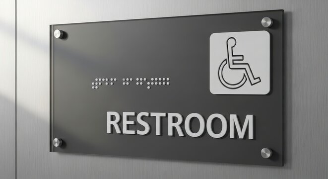 Restroom sign with braille and wheelchair symbol for accessibility and inclusion