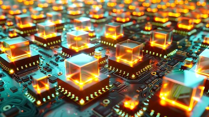 Obraz premium Big data structure displayed as a glowing digital city of 3D cubes, each pulsing with synchronized light across a motherboard floor .