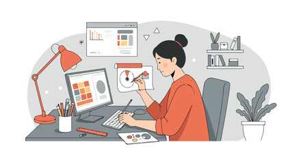 Woman designs at desk with computer, paper, lamp, data visualizations, pencils, & plants