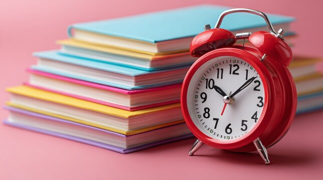 A red clock stands guard next to a stack of colorful books. Study time or bedtime, what will the hour bring? Time to learn or time to dream?