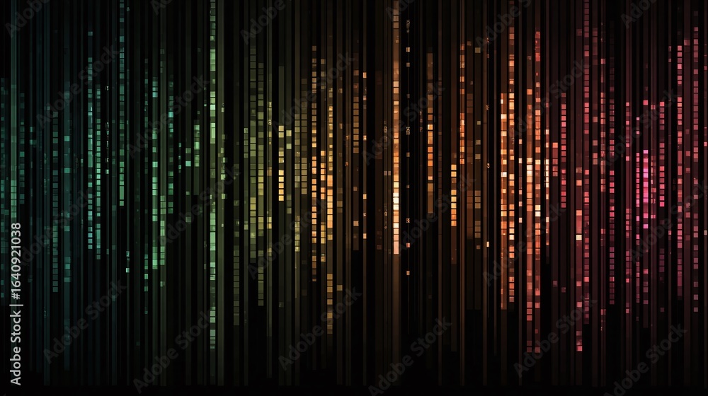 Poster digital equalizer display with bars of varying colors and heights, evokes modern technology, audio p
