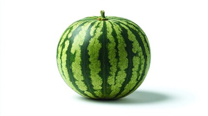 Whole watermelon with green rind and stripes, casting a shadow on white background, fresh and juicy fruit, ready to eat, summer fruit, delicious!