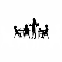 Teacher guiding diverse students in coding class silhouette isolated on white background