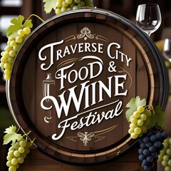add stylish elegant text &ldquo;TRAVERSE CITY FOOD & WINE FESTIVAL&rdquo; in classy calligraphy-style font, integrated naturally into the scene on a wooden wine barrel sign, surrounded by grapes and wine glasses.