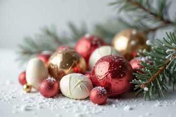 Christmas ornaments with pine branches and faux snow background  