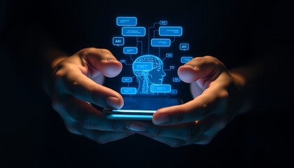 Hands holding phone displaying ai brain interface technology artificial