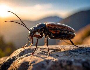 Close-up of a beetle on a rock at sunset