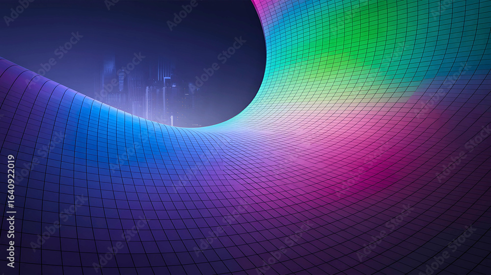Aufkleber abstract futuristic grid tunnel with vibrant rainbow spectrum light and soft bokeh background
