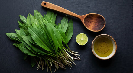 Flatlay of wild garlic, lime, olive oil, and wooden spoon on dark background, showcasing fresh ingredients for healthy cooking or recipe presentation