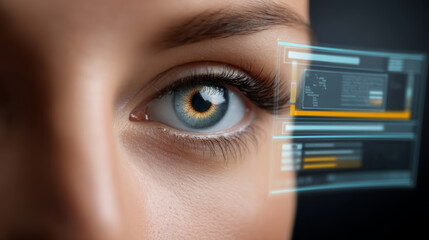 AI customer support ecommerce. Closeup human eye digital interface technology innovation futuristic data blue focus vision