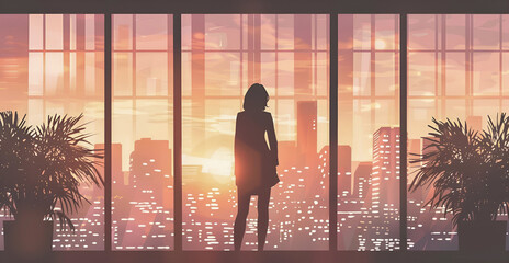 Wizja sukcesu i przywództwa. Sylwetka kobiety liderki w biurze, patrząca na panoramę miasta o zachodzie słońca. Koncepcja ambicji i kariery.