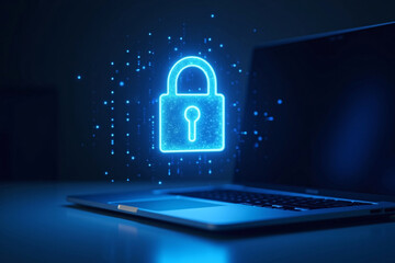 Futuristic digital security visualization with 3D hologram glowing padlock and key hovering above laptop keyboard, neon blue and white colors, cyber security and data access protection on dark backgro