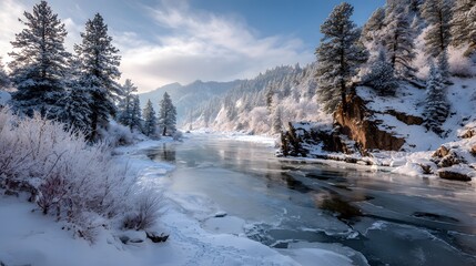 Snow covered riverbank partially frozen water pine trees dusted fresh snow captured during soft morning light great winter landscape galleries seasonal greeting cards and cold climate tourism visuals