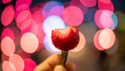 Close-up of a bitten strawberry on a fork against a bokeh background