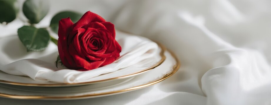 The elegant red rose on a set table with silk and fine china. - Powered by Adobe