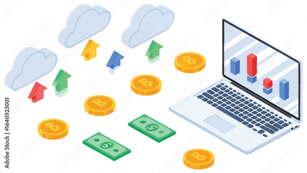 Poster isometric view of cloud computing with money flowing to a laptop displaying bar charts online