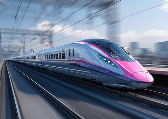 Fototapeta premium High-speed bullet train with pink and blue accents speeding along train tracks with motion blur transportation