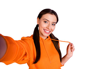 Close up photo of positive cheerful youth girl blogger have online stream from weekends holidays...