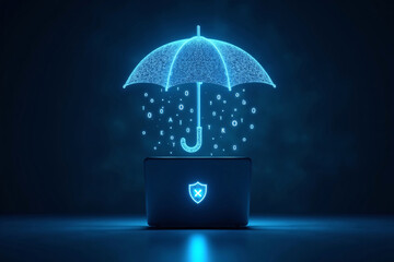 3D holographic umbrella with falling binary code particles protecting laptop with digital shield icon, cyber security theme, glowing neon blue light, dark blurred background, futuristic design