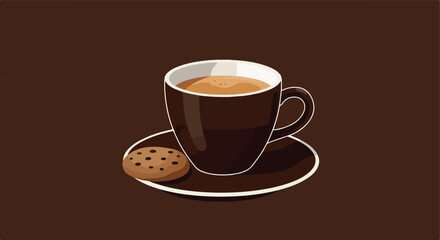 Obraz premium Coffee and Cookie dark coffee with cookie on saucer, simple design, brown background