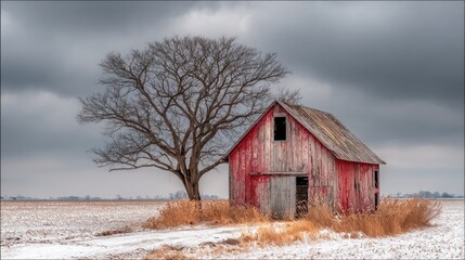 Red barn in winter landscape