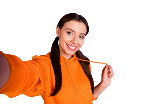 Close up photo of positive cheerful youth girl blogger have online stream from weekends holidays make selfie wear hipster teen outfit isolated over violet purple bright color background