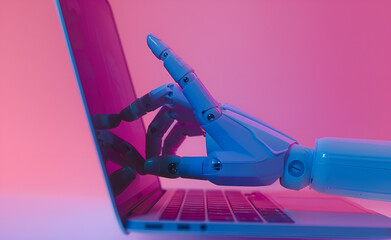 Dłoń robota pisząca na laptopie w neonowym świetle. Symbol sztucznej inteligencji, automatyzacji i przyszłości technologii.