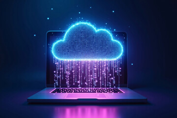 Digital holographic cloud composed of glowing dots and lines raining binary code onto laptop, representing cloud data protection with bright cyan and purple neon light on futuristic cyberpunk backgrou