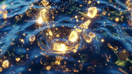 Abstract glowing golden particles swirling in a dark blue liquid vortex with shimmering light effects and fluid 4K Ai HD video.
 - Powered by Adobe